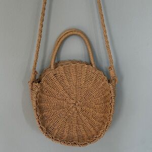 Elegant Architectural Tan Woven Round Crossbody Handbag